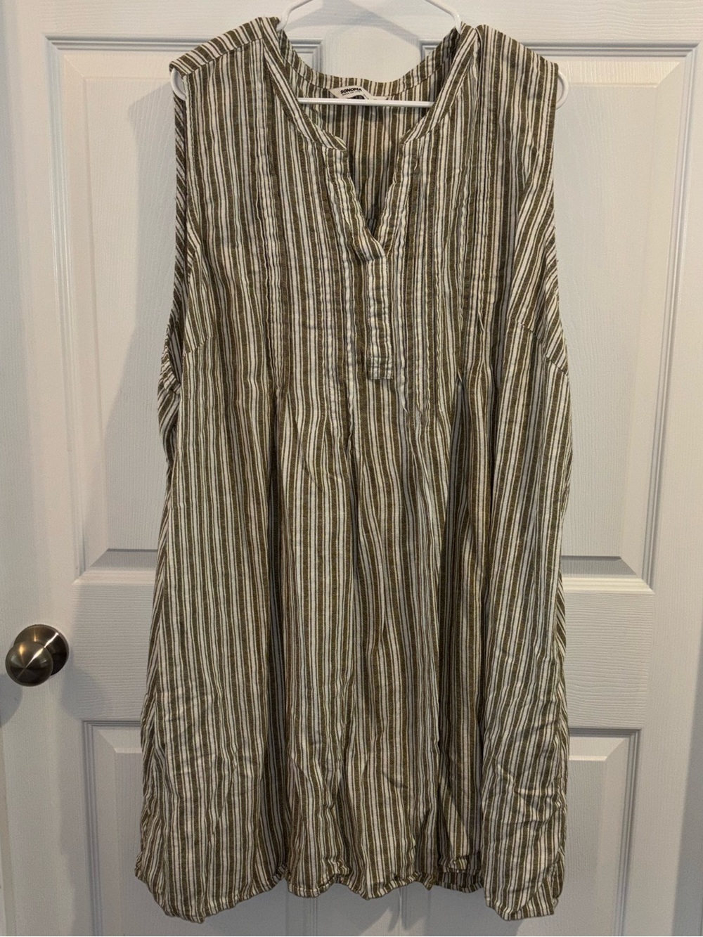 Sonoma Sleeveless Dress Linen Blend Knee Length Women’s Sz 4x Green White Stripe